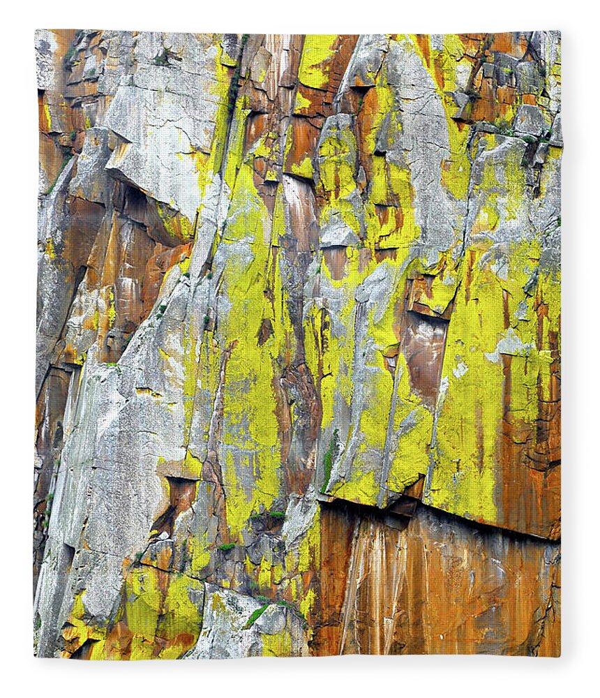 Lichen Fleece Blanket featuring the mixed media Yellow lichen on a rock face by Lorena Cassady