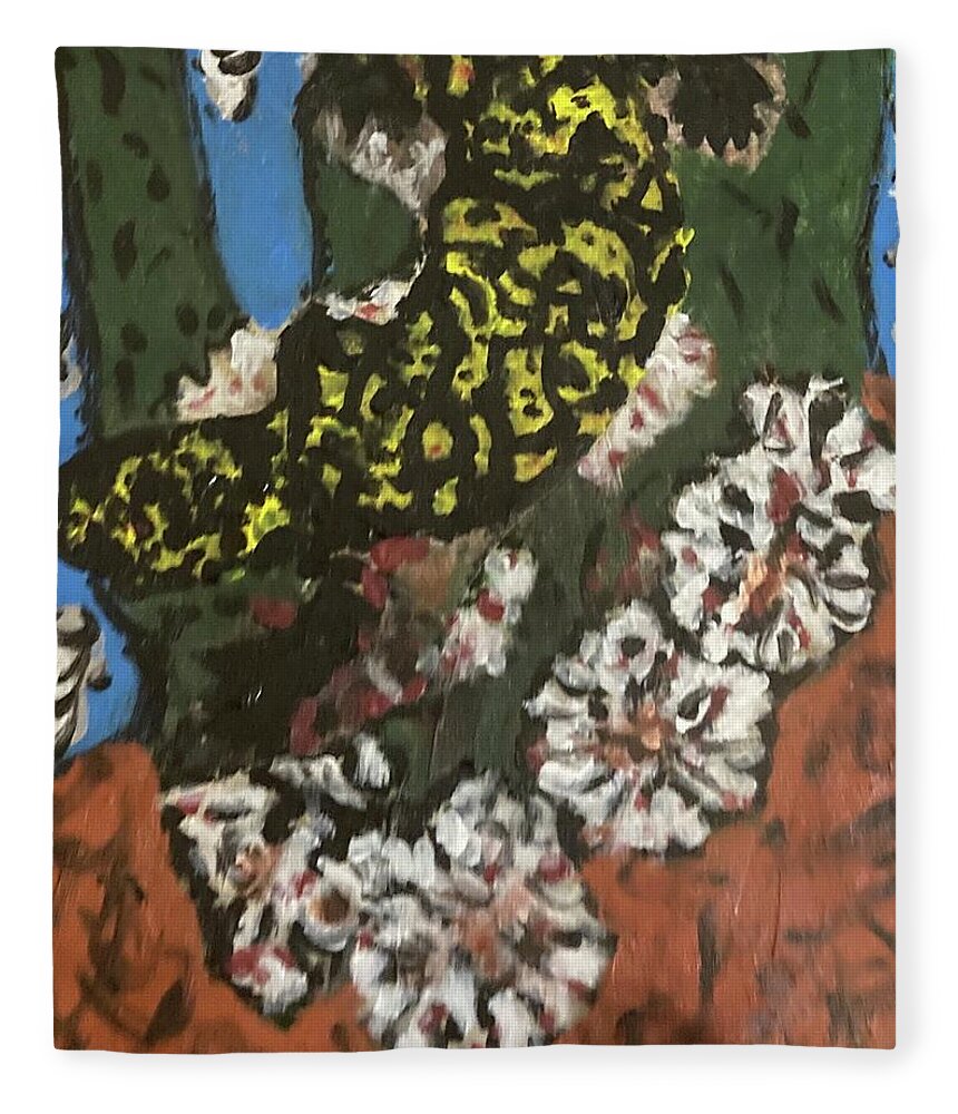 Paintings Of Lizards Fleece Blanket featuring the mixed media Yellow lizard Cactus Flowers by Bencasso Barnesquiat
