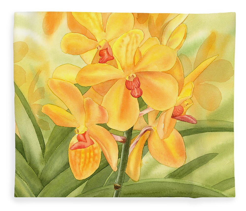 Yellow Fleece Blanket featuring the painting Yellow Orchid by Espero Art