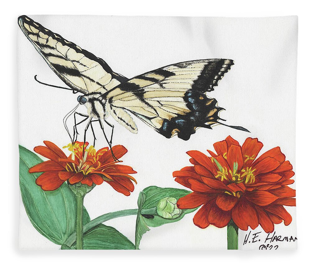 Yellow Tiger Swallowtail Fleece Blanket featuring the painting Yellow Tiger by Heather E Harman