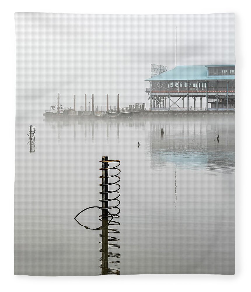 Hudson River Fleece Blanket featuring the photograph Yonkers Pier in Thick Fog by Kevin Suttlehan