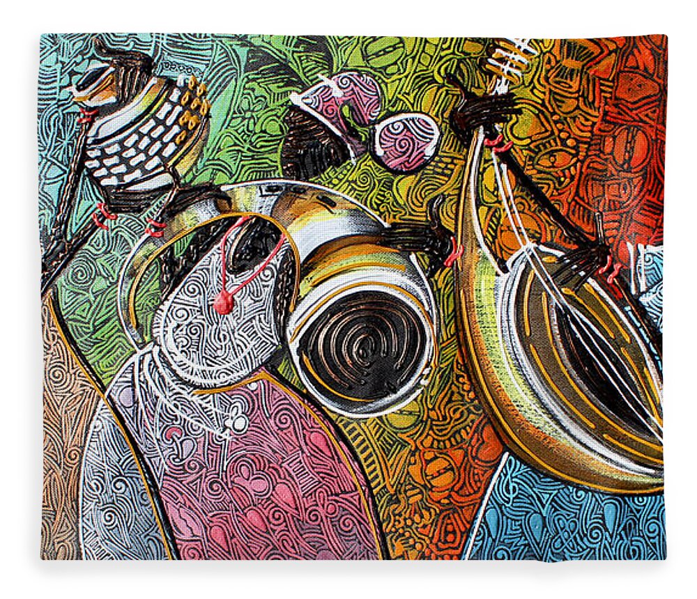 Africa Fleece Blanket featuring the painting Yoruba, Hausa, Ibo Musicians - 2 by Paul Gbolade Omidiran
