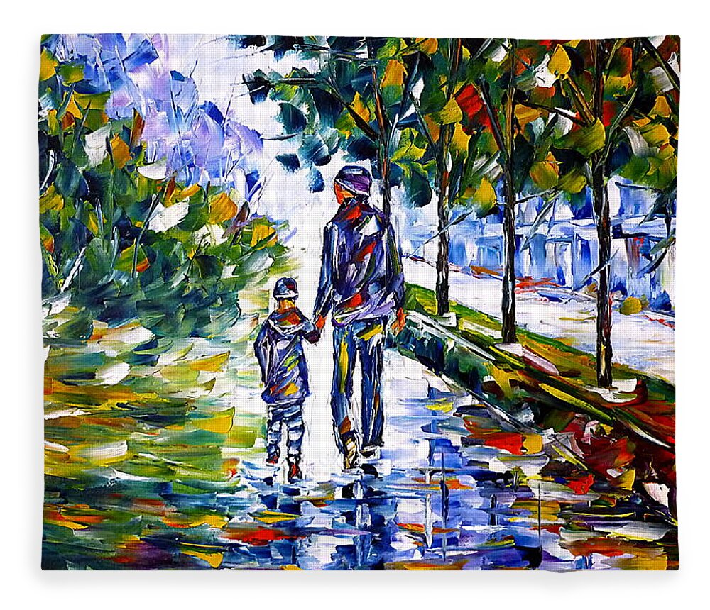 Autumn Walk Fleece Blanket featuring the painting Young Father With Son by Mirek Kuzniar