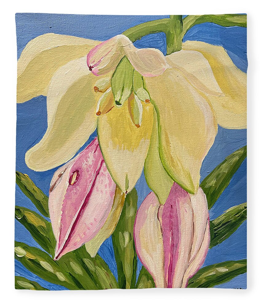 Yucca Fleece Blanket featuring the painting Yucca Flower by Christina Wedberg