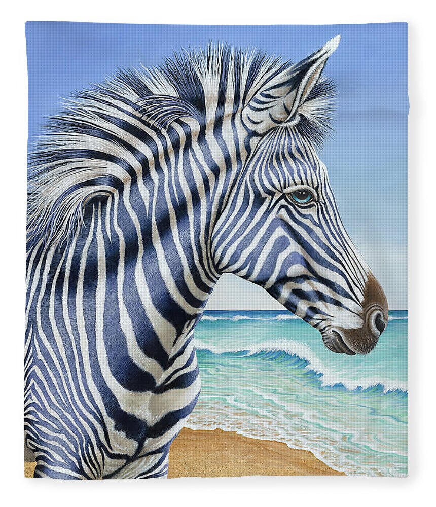 Zebra Fleece Blanket featuring the painting Zebra by the Sea by Tish Wynne