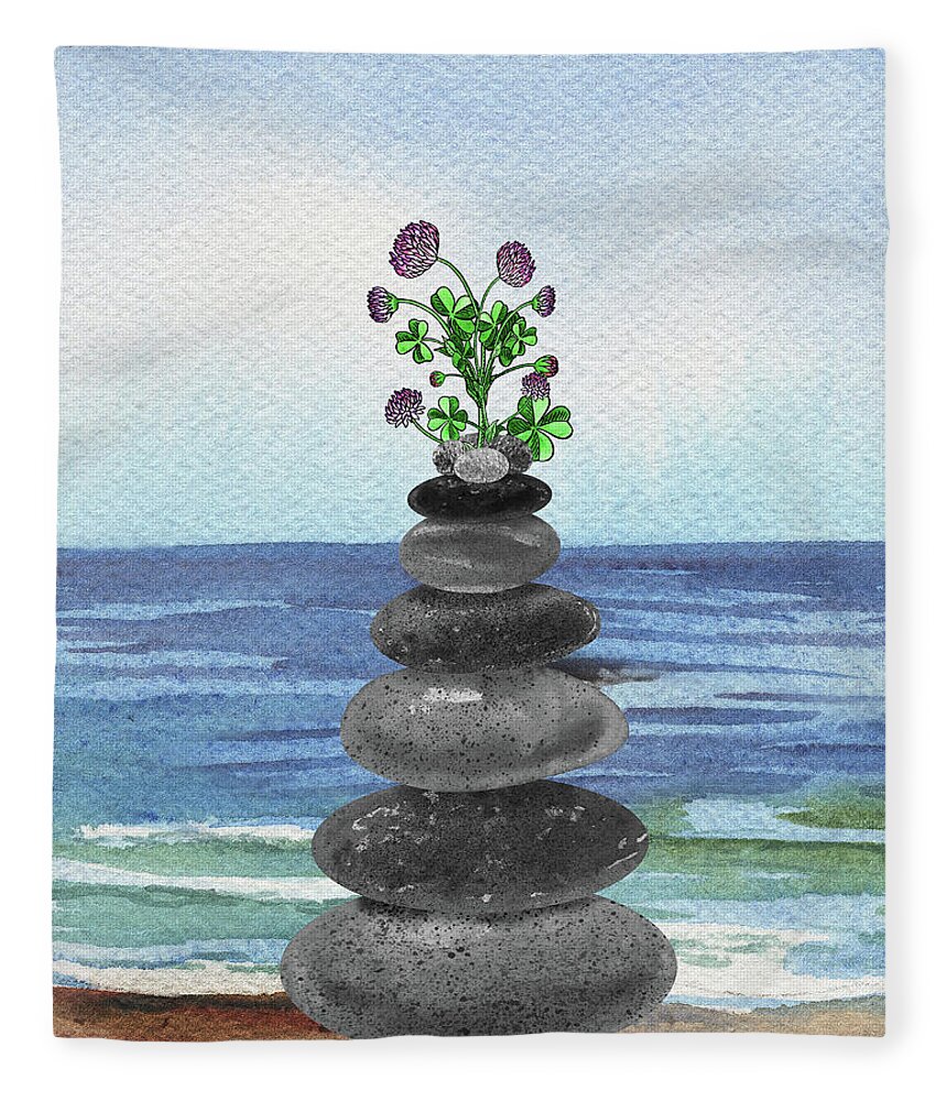 Cairn Rocks Fleece Blanket featuring the painting Zen Rocks Cairn Meditative Tower And Lucky Clover Flower Watercolor by Irina Sztukowski