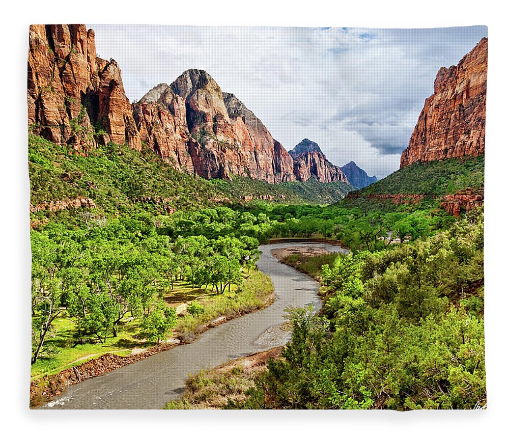 Arid Climate Fleece Blanket featuring the photograph Zion Canyon and the Meandering Virgin River at Dusk by Jeff Goulden