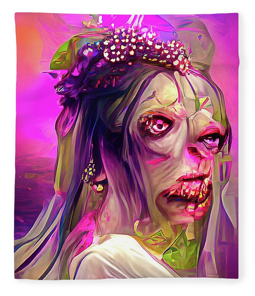 Zombie Fleece Blanket featuring the digital art Zombie Bride 01 Colorful and Trippy by Matthias Hauser