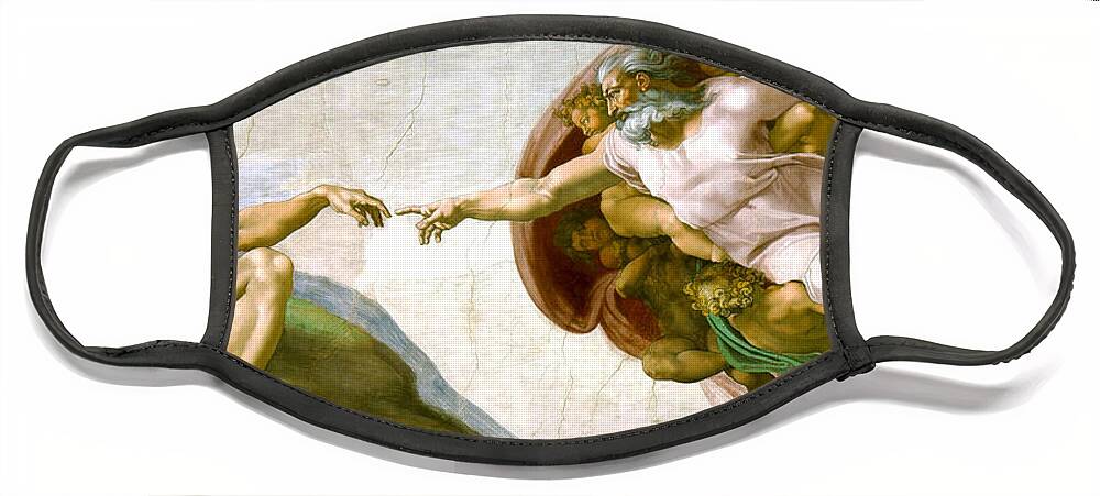 Michelangelo Di Lodovico Face Mask featuring the painting  The Creation of Adam by Michelangelo di Lodovico Buonarroti Simoni