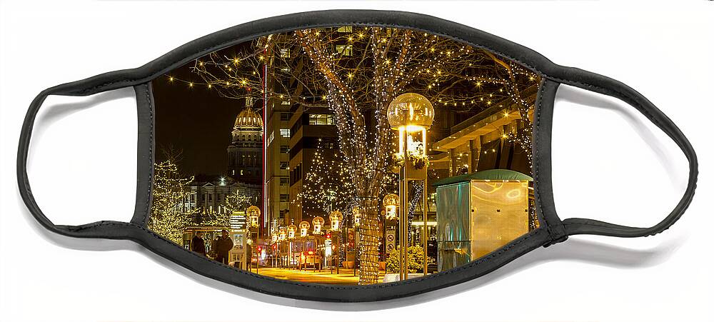 16th Street Mall Face Mask featuring the photograph Holiday Lights in Denver Colorado #1 by Teri Virbickis