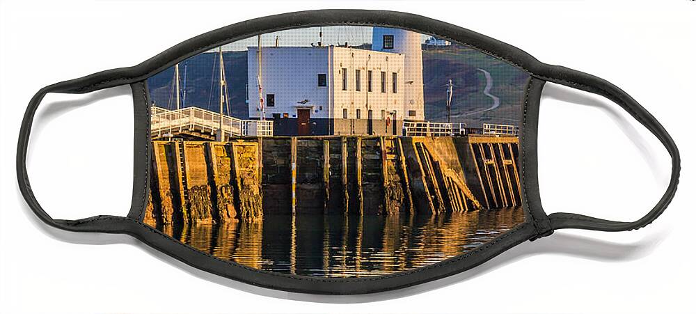Bridge Face Mask featuring the photograph Sunset over Scarborough Lighthouse #1 by Sue Leonard