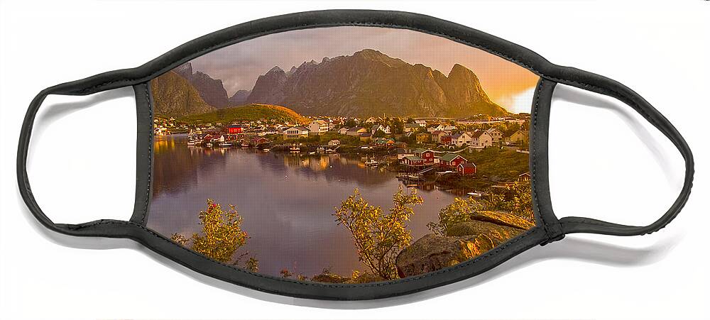 Reine Face Mask featuring the photograph The day begins in Reine by Heiko Koehrer-Wagner