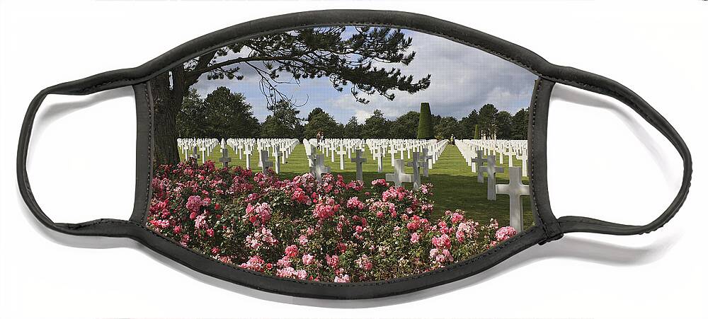 Us Cemetery Normandy France Graves At The American War Cemetery Omaha Beach Colleville-sur-mer Normandy France Cross Crosses Rows Roses Rose Garden Pink Flowers Face Mask featuring the photograph US Cemetery Normandy France #2 by Julia Gavin