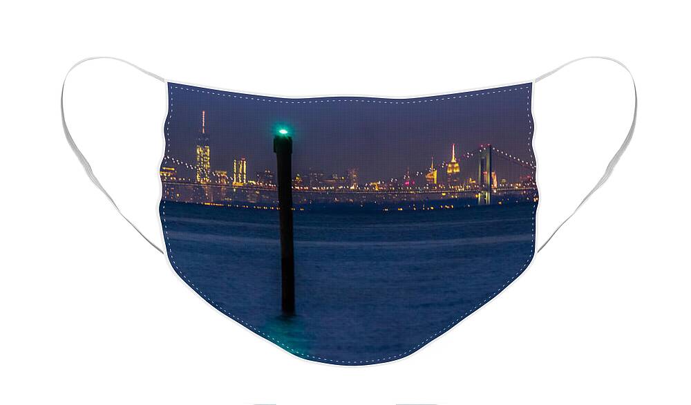 Bayshore Waterfront Face Mask featuring the photograph Verrazano-Narrows bridge and NYC skyline from Port Monmouth #1 by SAURAVphoto Online Store