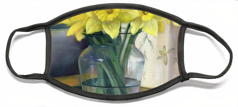 Still Life Face Mask featuring the painting Yellow Daffodils by Marlene Book
