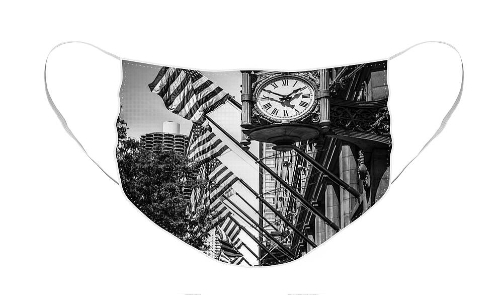 America Face Mask featuring the photograph Chicago Macy's Clock in Black and White #2 by Paul Velgos