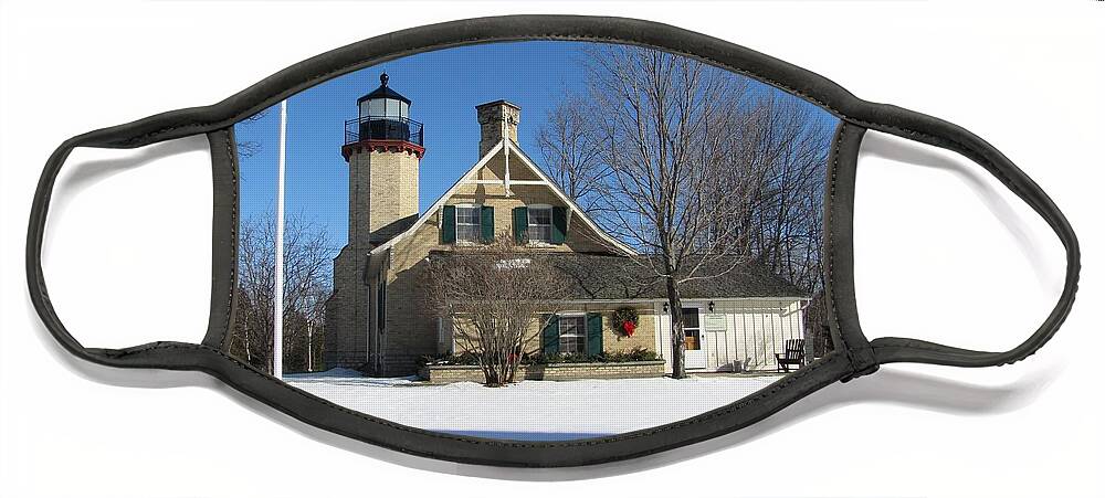 Winter Face Mask featuring the photograph McGulpin Point Lighthouse in Winter by Keith Stokes