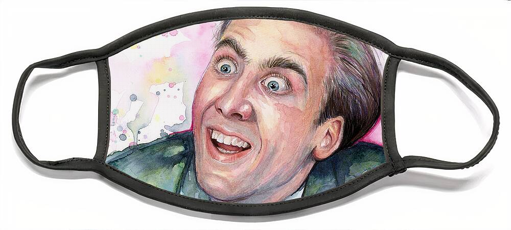 Nic Cage Face Mask featuring the painting Nicolas Cage You Don't Say Watercolor Portrait by Olga Shvartsur