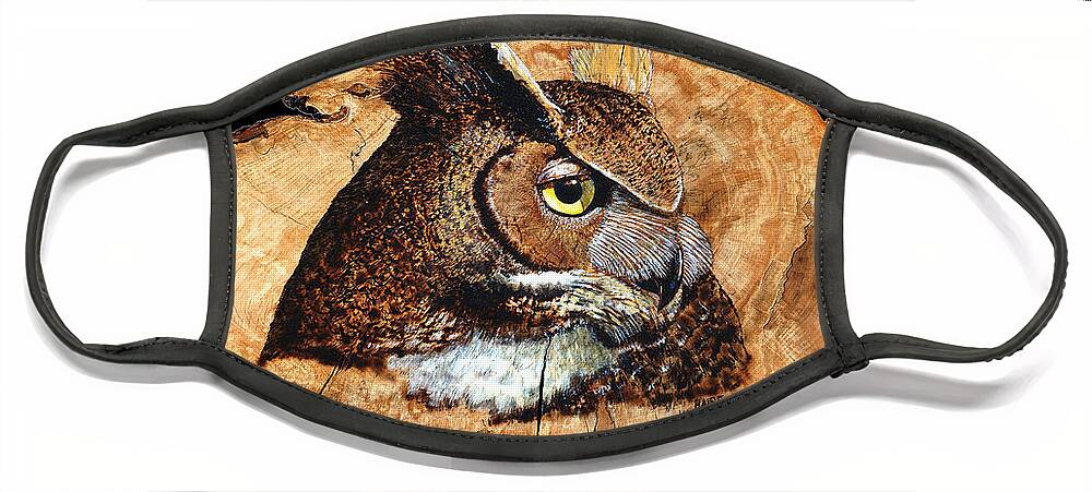 Owl Face Mask featuring the pyrography Owl on Oak Slab #2 by Ron Haist