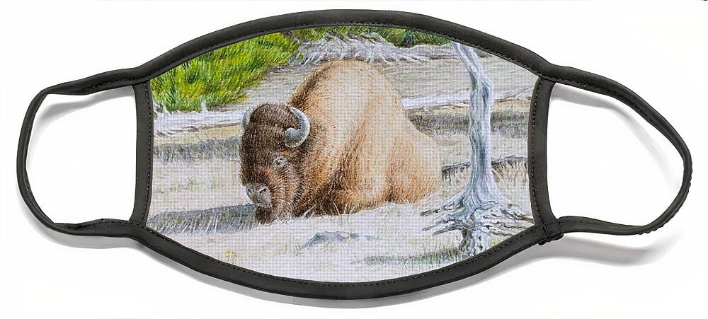 Buffalo Face Mask featuring the painting A Buffalo Sits in Yellowstone by Michele Myers