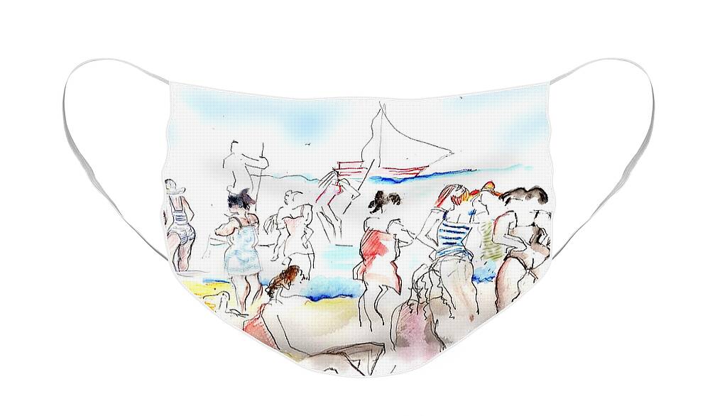 Beach Face Mask featuring the painting A Busy Day at the Beach by Carolyn Weltman