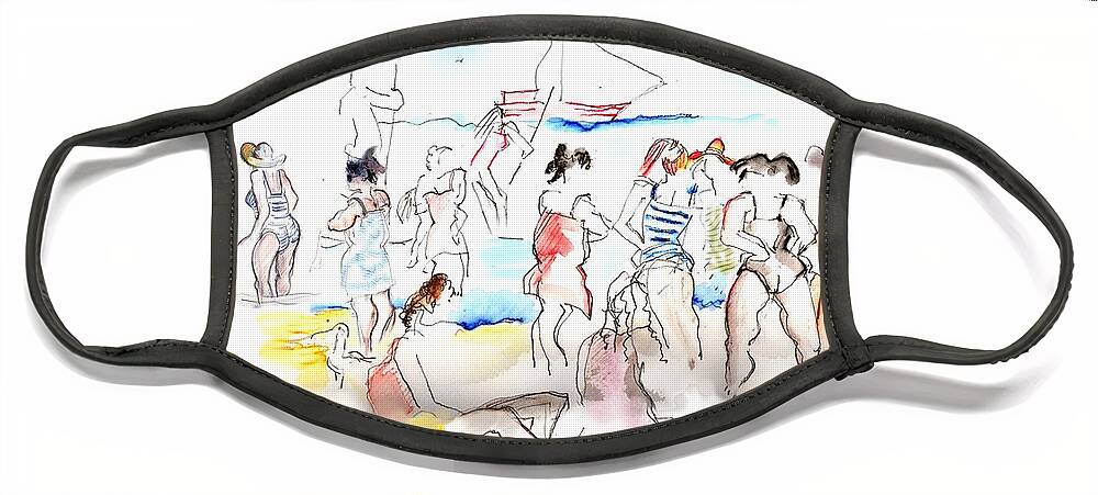 Beach Face Mask featuring the painting A Busy Day at the Beach by Carolyn Weltman
