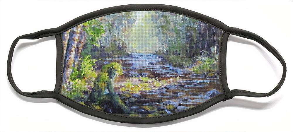 Original Face Mask featuring the painting A Chance Encounter with Mossman by Karen Ilari