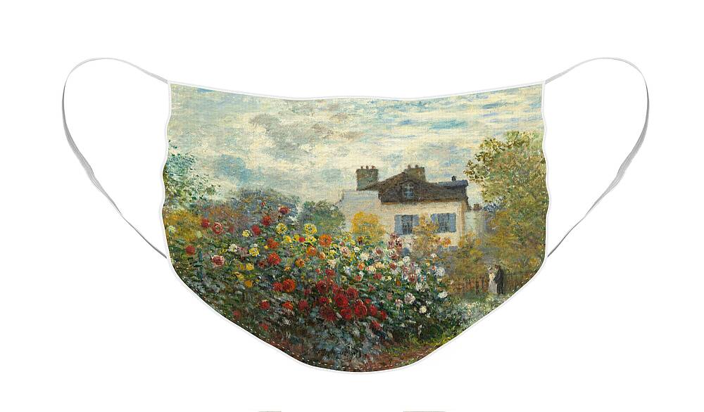 French Face Mask featuring the painting A Corner of the Garden with Dahlias by Claude Monet