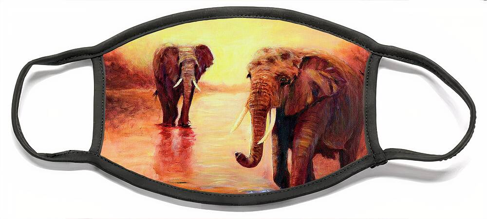 African Elephants Face Mask featuring the painting African Elephants at Sunset in the Serengeti by Sher Nasser