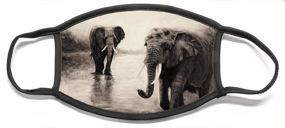 African Elephants Face Mask featuring the painting African Elephants at Sunset by Sher Nasser