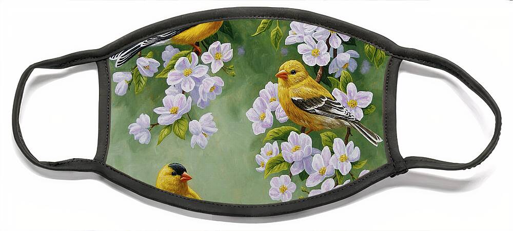 Bird Face Mask featuring the painting American Goldfinches and Apple Blossoms by Crista Forest