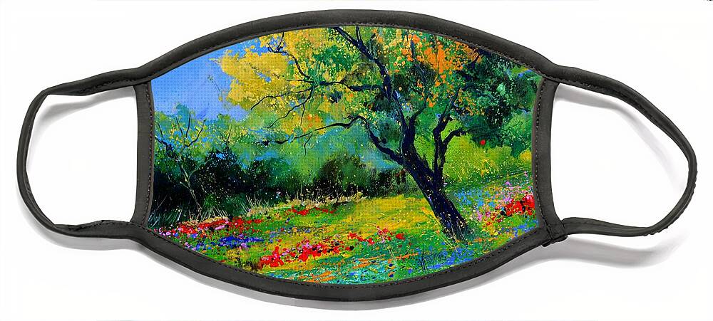 Landscape Face Mask featuring the painting An oak amid flowers in Texas by Pol Ledent