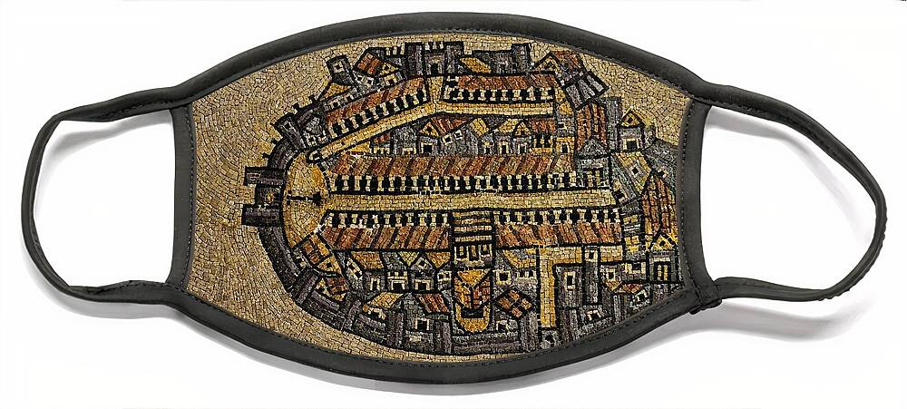 Israel Face Mask featuring the photograph Ancient Jerusalem Mosaic Map Color Framed by Mark Fuller