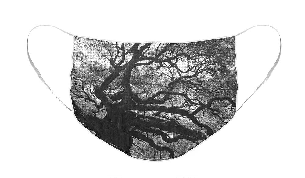Black And White Face Mask featuring the photograph Angel Oak II - Black and White by Suzanne Gaff