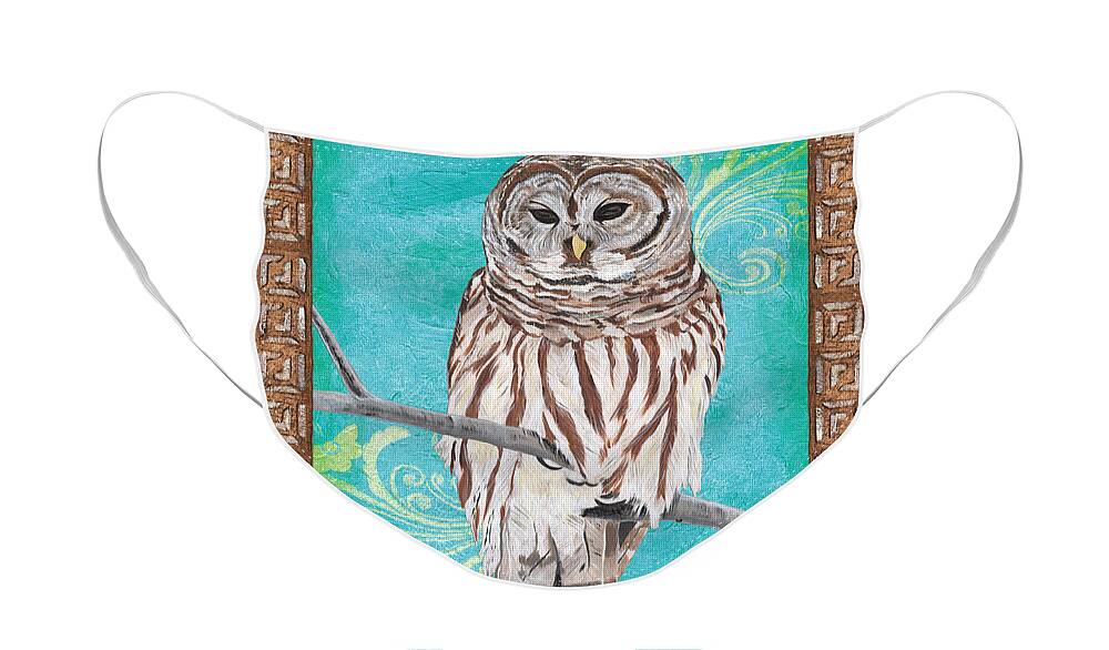 Owl Face Mask featuring the painting Aqua Barred Owl by Debbie DeWitt