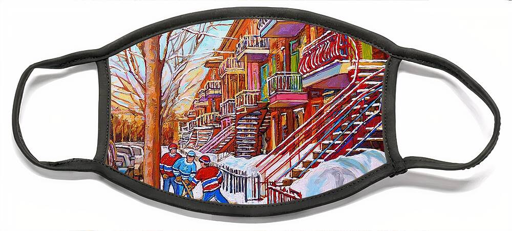 Montreal Face Mask featuring the painting Art Of Montreal Staircases In Winter Street Hockey Game City Streetscenes By Carole Spandau by Carole Spandau