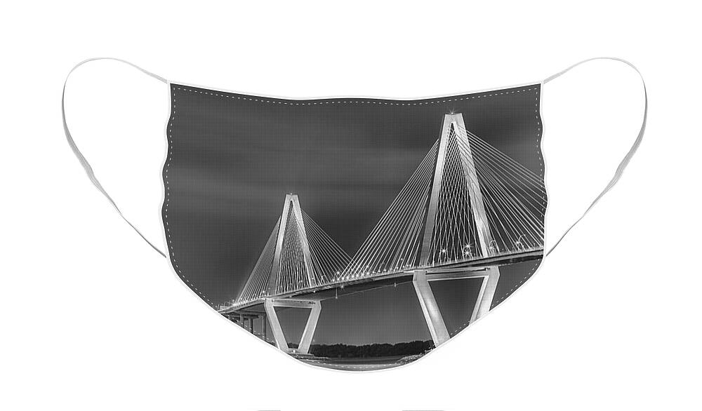 Ravenel Bridge Face Mask featuring the photograph Arthur Ravenel Jr. Bridge In Black And White by Adam Jewell