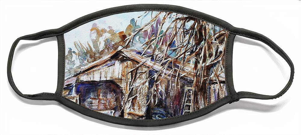 Barn Face Mask featuring the painting Barn by the Tree by Xueling Zou