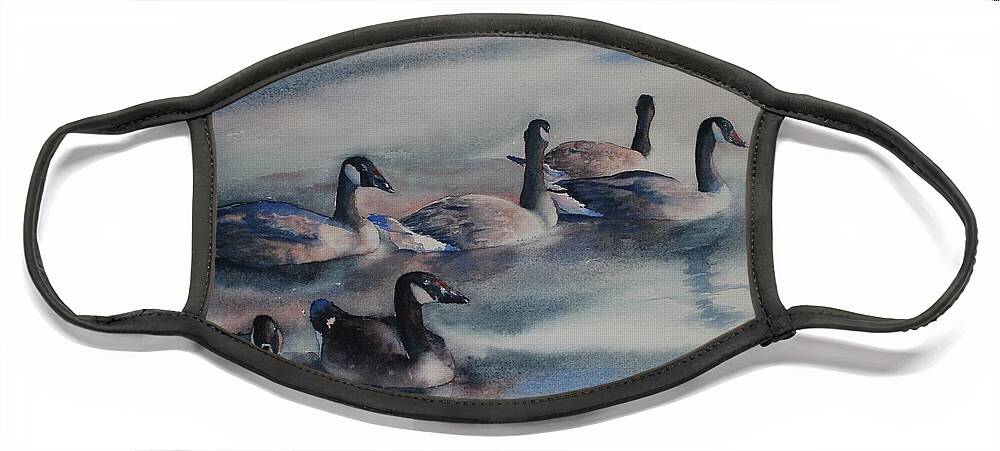 Canada Geese Face Mask featuring the painting Bachelor Party by Ruth Kamenev
