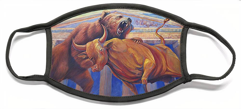 Wall Art. Wildlife Paintings Face Mask featuring the painting Bear vs Bull by Robert Corsetti