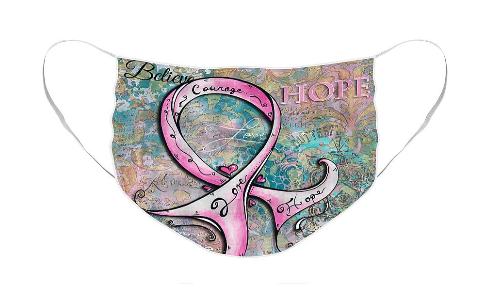 Pink Face Mask featuring the painting Beautiful Inspirational Elegant Pink Ribbon Design Art for Breast Cancer Awareness by Megan Aroon