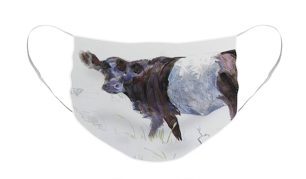 Belted Face Mask featuring the drawing Belted Galloway Cow Illustration by Mike Jory