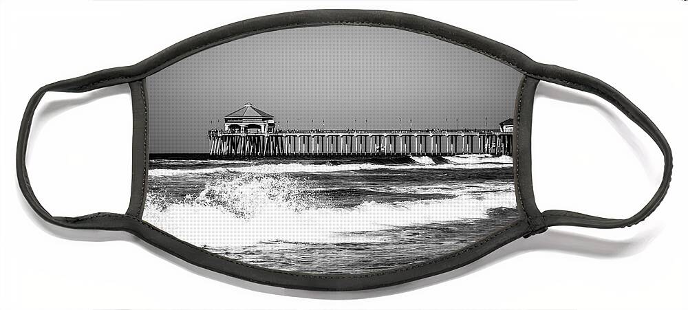 America Face Mask featuring the photograph Black and White Picture of Huntington Beach Pier by Paul Velgos
