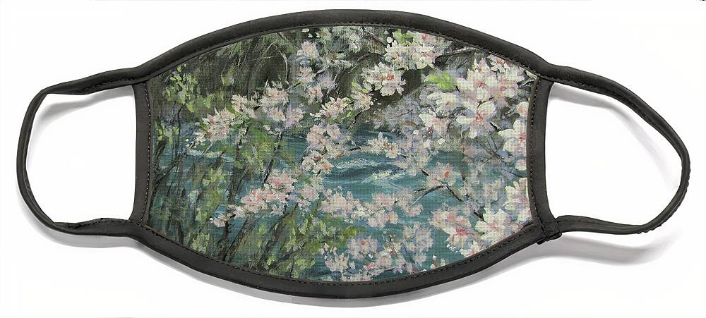 Spring Face Mask featuring the painting Blossoming River by Karen Ilari