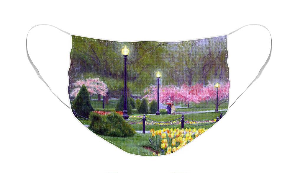 Boston Public Garden Face Mask featuring the painting Blossoms in the Rain by Candace Lovely