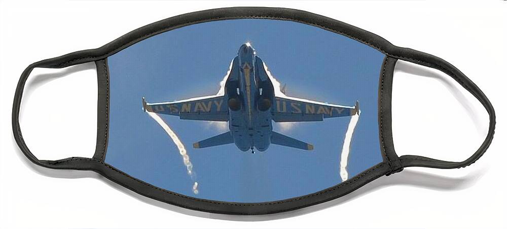 Blue Angels Face Mask featuring the photograph Blue Angels ghost appears head-on over Pensacola Beach by Jeff at JSJ Photography