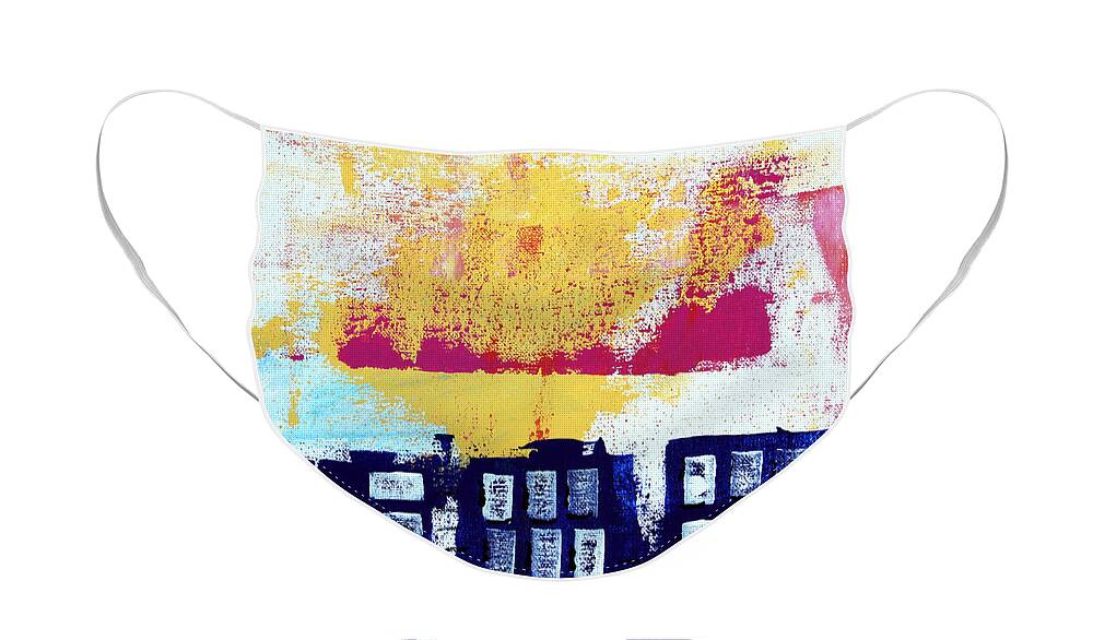 Abstract Urban Landscape Face Mask featuring the painting Blue Buildings by Linda Woods