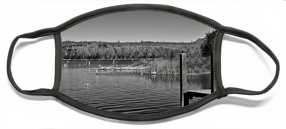 Black And White Photography Face Mask featuring the photograph Boat Dock Black and White by Gwen Gibson