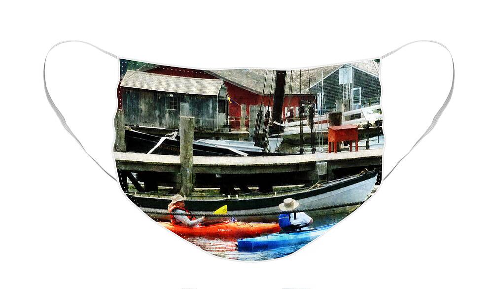 Outdoors Face Mask featuring the photograph Boat - Orange and Blue Kayaks by Susan Savad