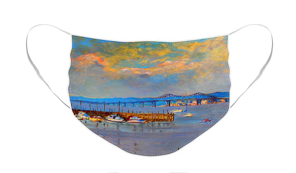 Piermont Ny Face Mask featuring the painting Boats in Piermont harbor NY by Ylli Haruni